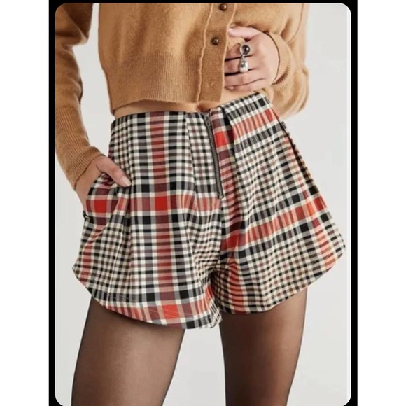 Free People Pants - Free People Women's Mayfair Pleated Plaid Shorts Black/Red Combo High Rise Sz 10